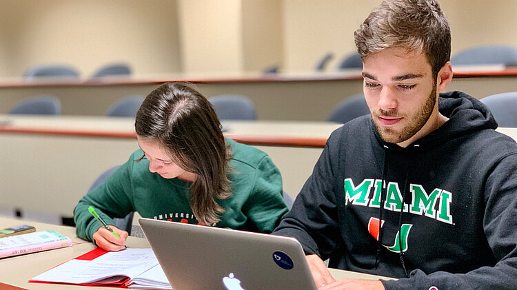 Halbtotal Studierende schauen auf Laptop